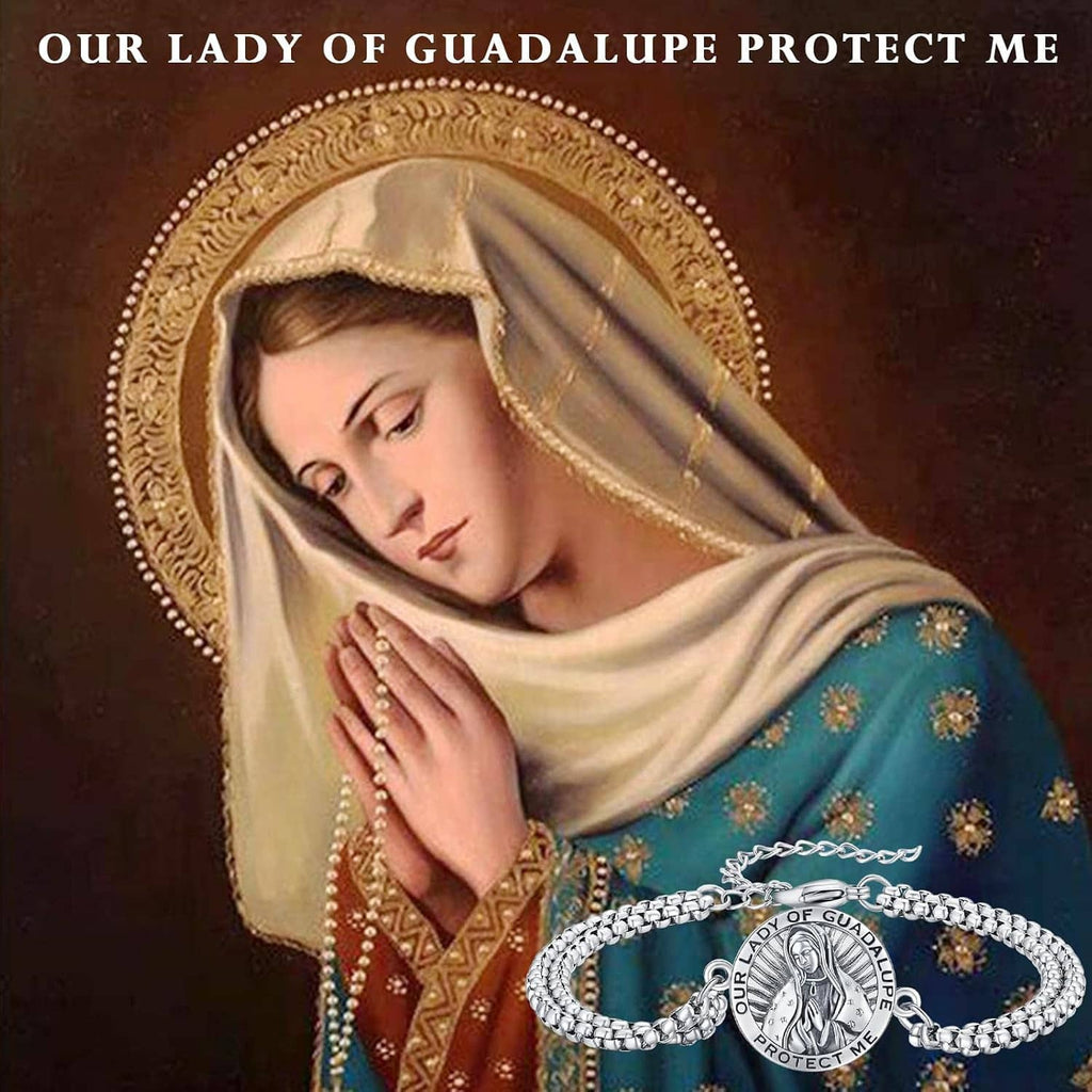 Silver bracelet with circular Our Lady of Guadalupe protect-me charm