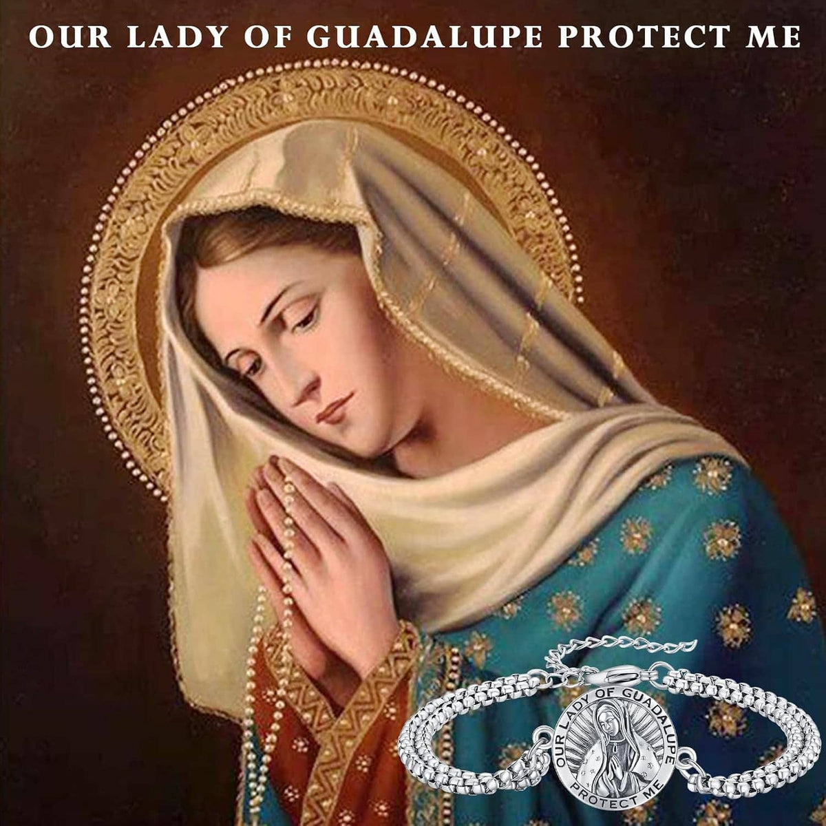 Silver bracelet with circular Our Lady of Guadalupe protect-me charm