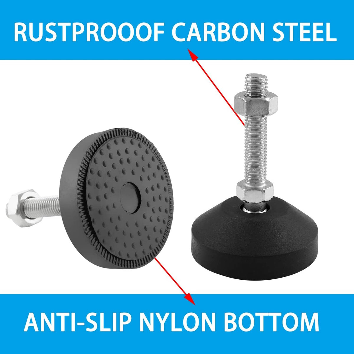 Black anti-slip leveling foot with textured bottom and M10 threaded post