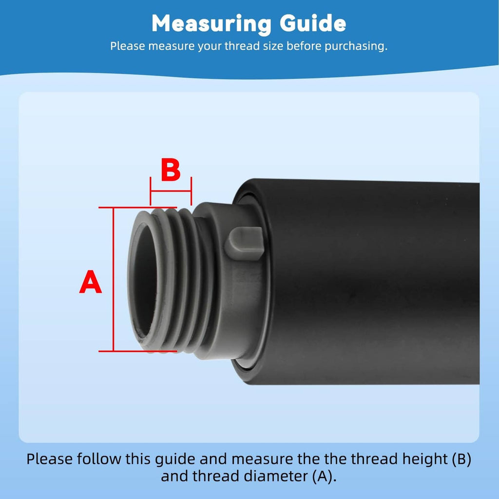 Matte black sink sprayer head replacement thread size measuring area, close-up