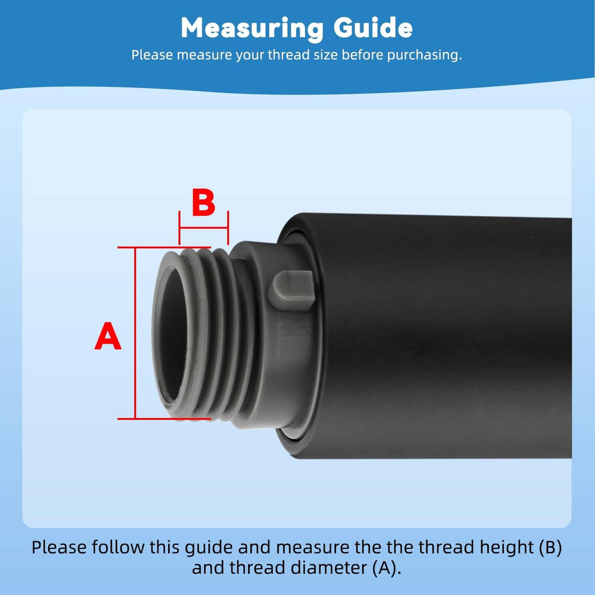 Matte black sink sprayer head replacement thread size measuring area, close-up