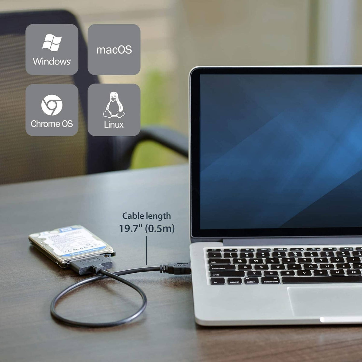 2.5-inch SATA drive connected to a laptop using a black USB adapter cable