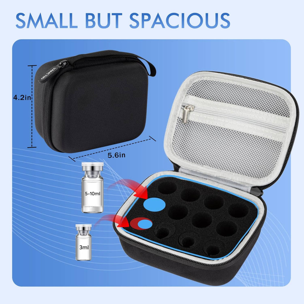 Black 12-slot insulin vial case with zippered mesh lid and foam compartments