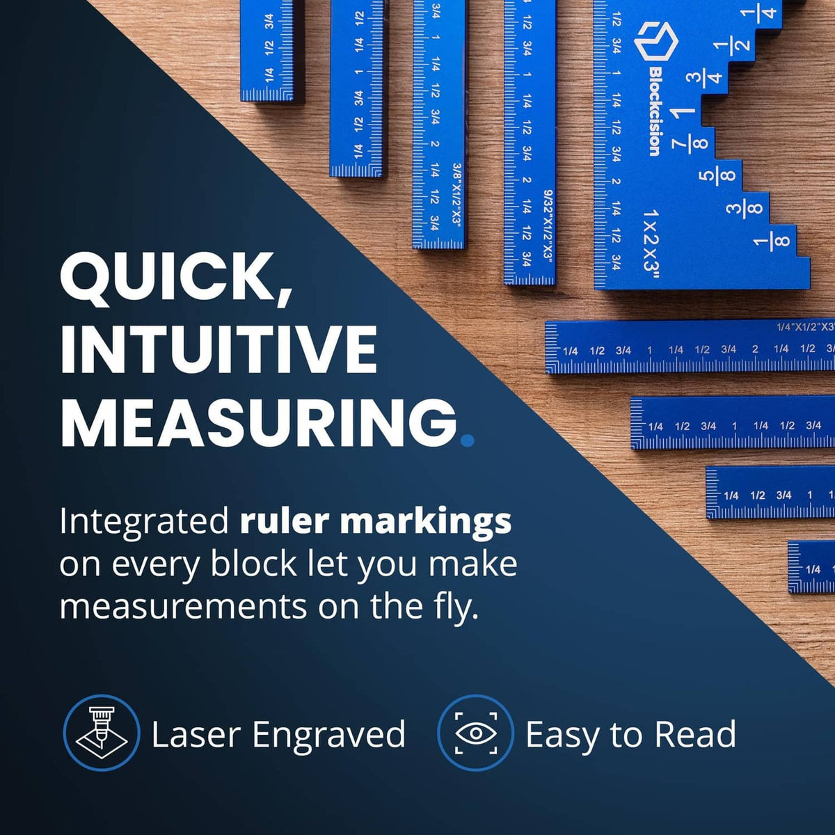 Blue woodworking measuring blocks with integrated ruler markings