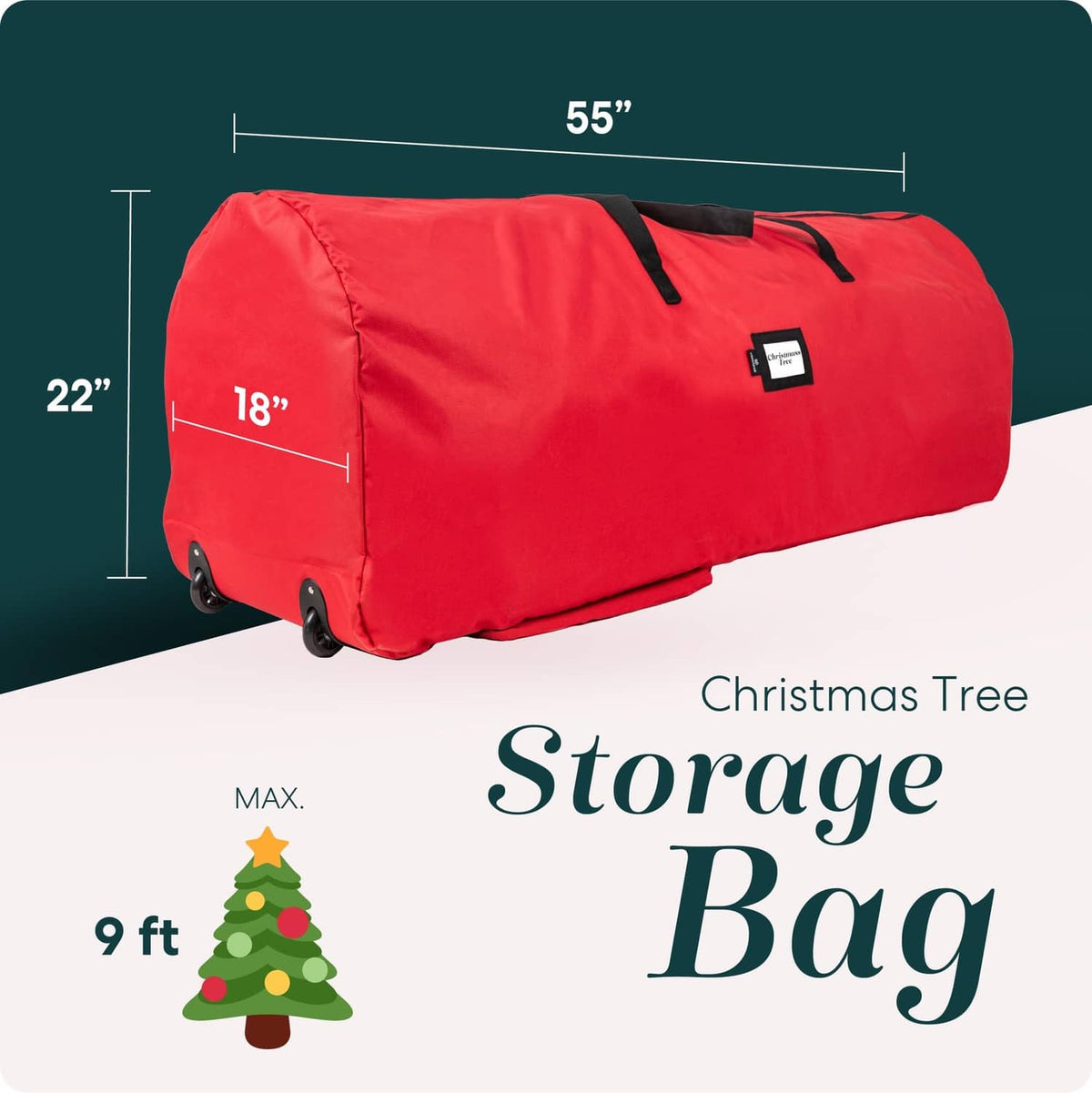 Red Christmas tree storage bag with wheels, large cylindrical shape and black trim