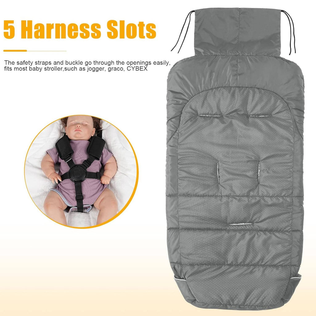 Gray stroller footmuff with harness slots and smooth padded interior