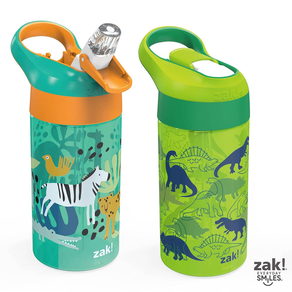 Kids teal and lime dinosaur camo water bottles with flip spout lids and straw