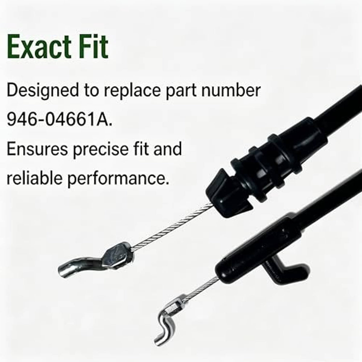 Lawn mower control cable with molded adjuster and hooked metal end connectors.