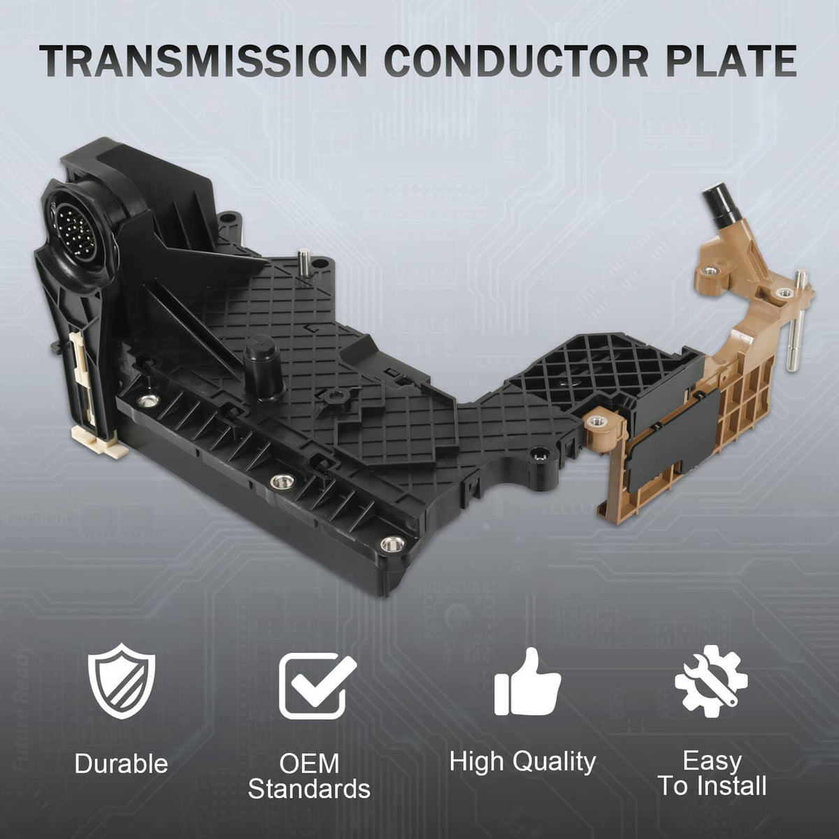 Transmission conductor plate lead frame with black housing and tan electrical connector