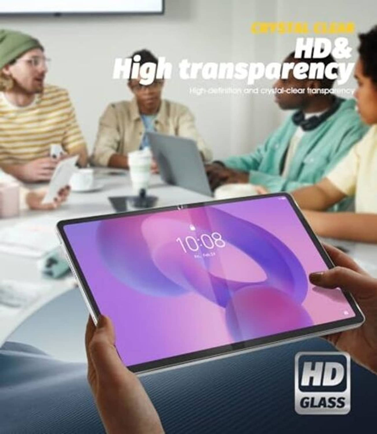 Tempered glass screen protector applied to a 12.1-inch tablet screen for clarity