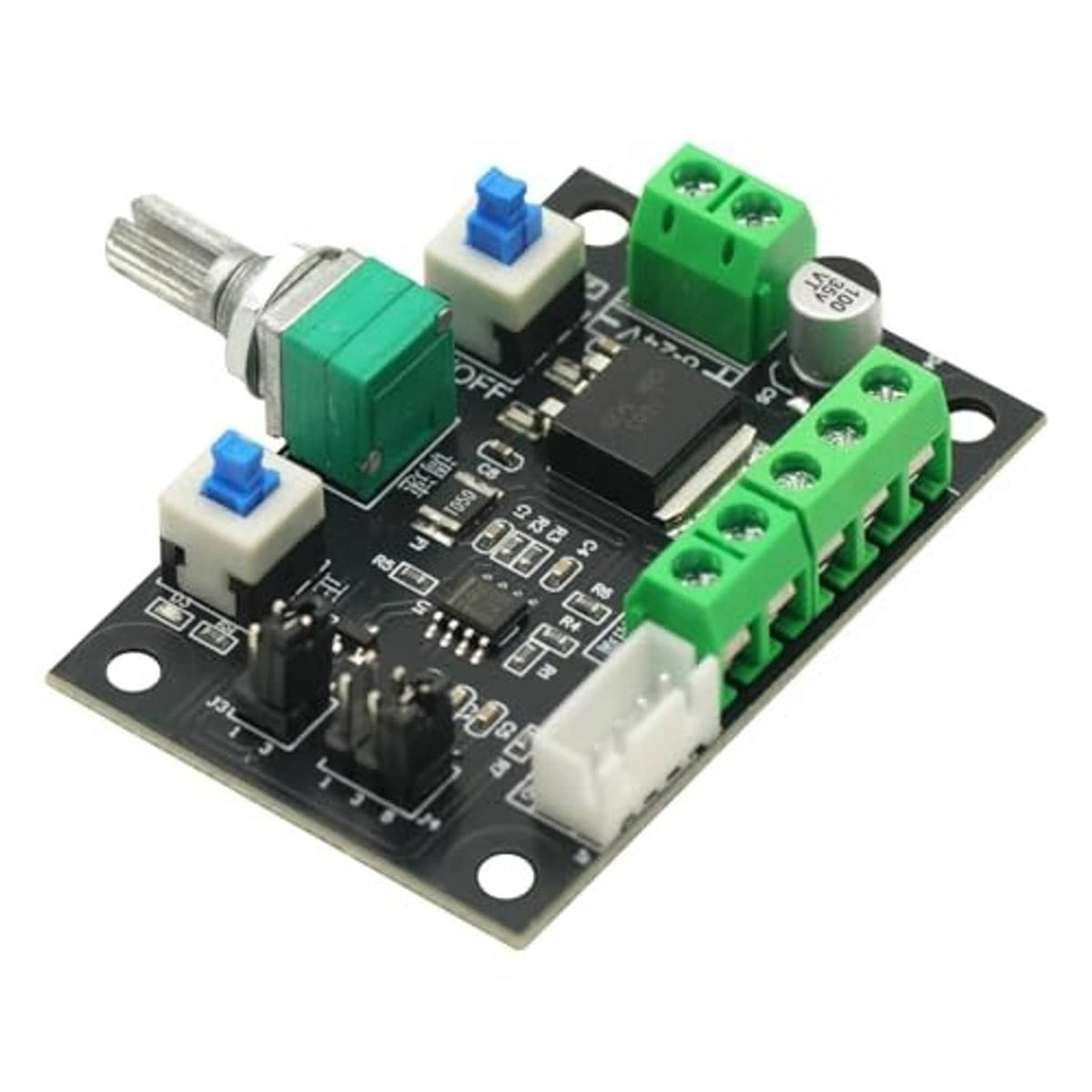 Stepper motor controller PCB close-up with green terminal blocks, blue buttons, and metal shaft