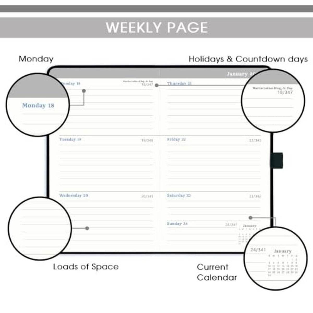 Weekly planner page layout with Monday start, holiday section, and space for notes