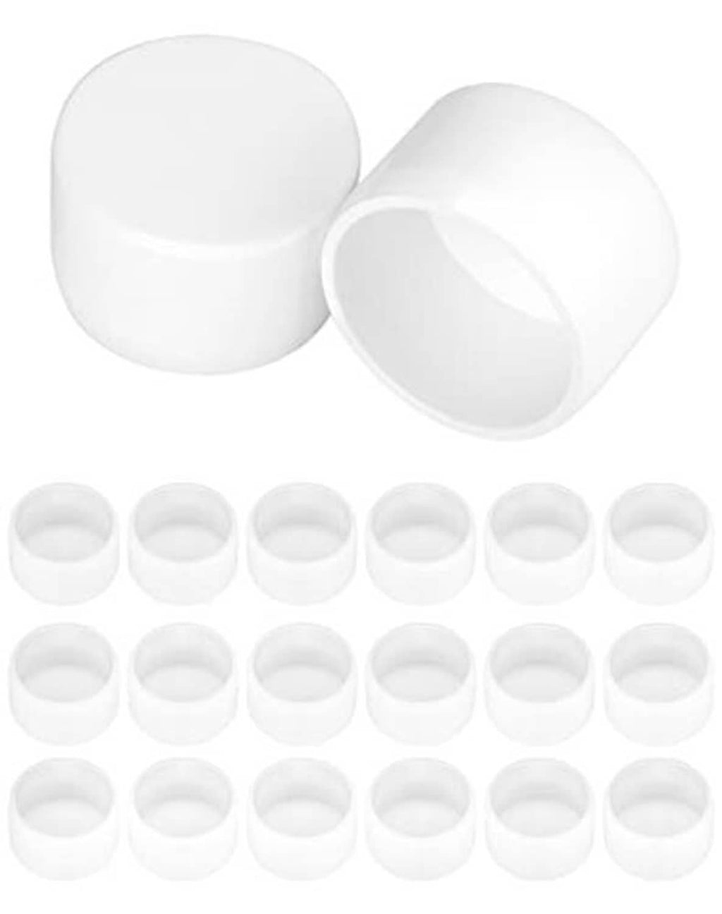 White 1-1/4 in PVC pipe end caps set, two caps shown with smaller caps lineup