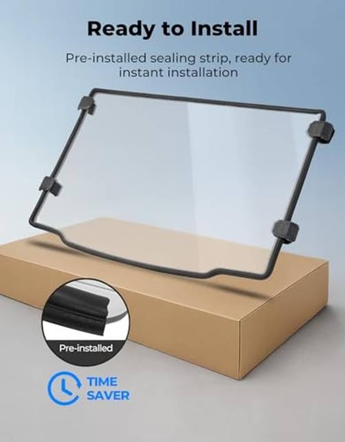 Front windshield with pre-installed sealing strip and black mounting frame
