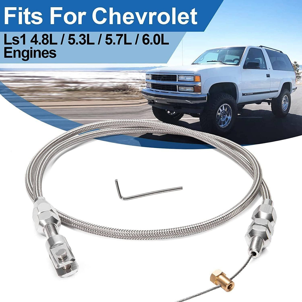 Throttle gas cable kit with braided cable and mounting hardware, silver and black