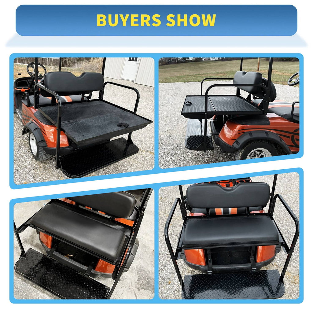 Black folding rear seat cushion pad with roof support installed on an orange golf cart