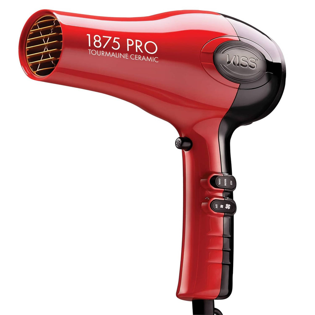 Red and black handheld hair dryer with round nozzle and side control buttons