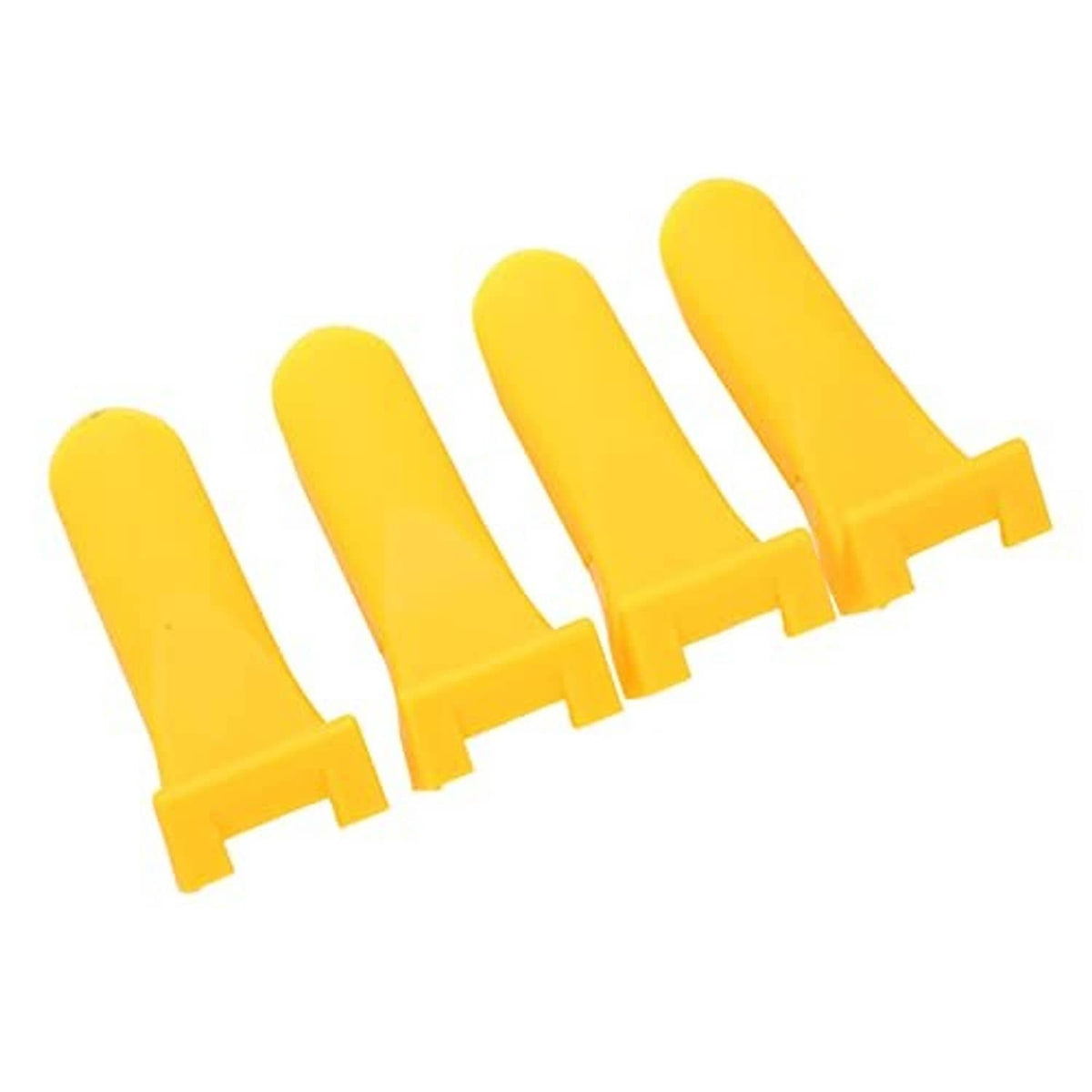 Close-up of yellow plastic rim protectors showing curved cups and front mounting tabs