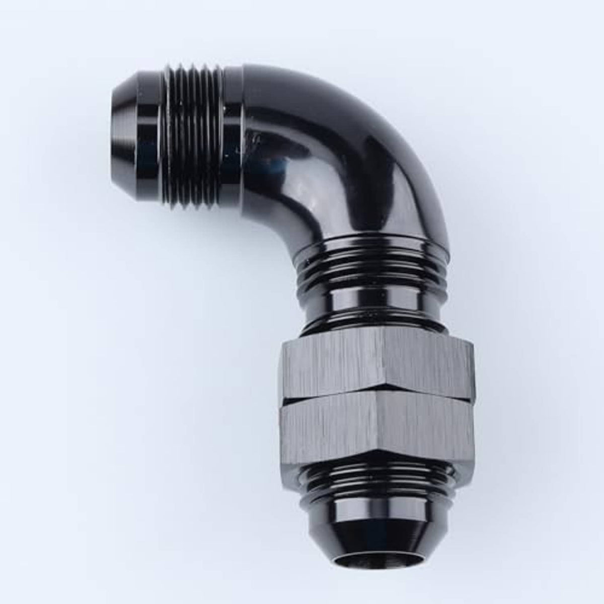 Black AN male flare elbow fitting close-up of hex adapter and threads