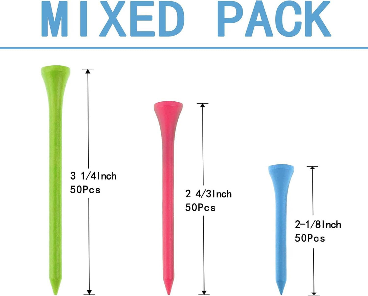 Mixed-size wood golf tees diagram with green, pink, and blue tees and size indicators