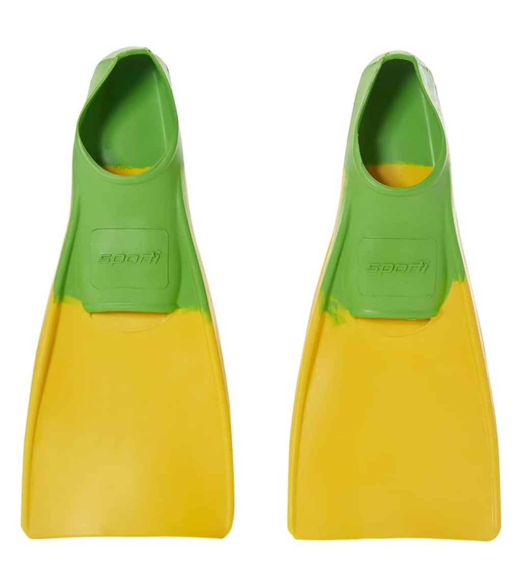 Yellow and green floating swim fin pair with foot pocket
