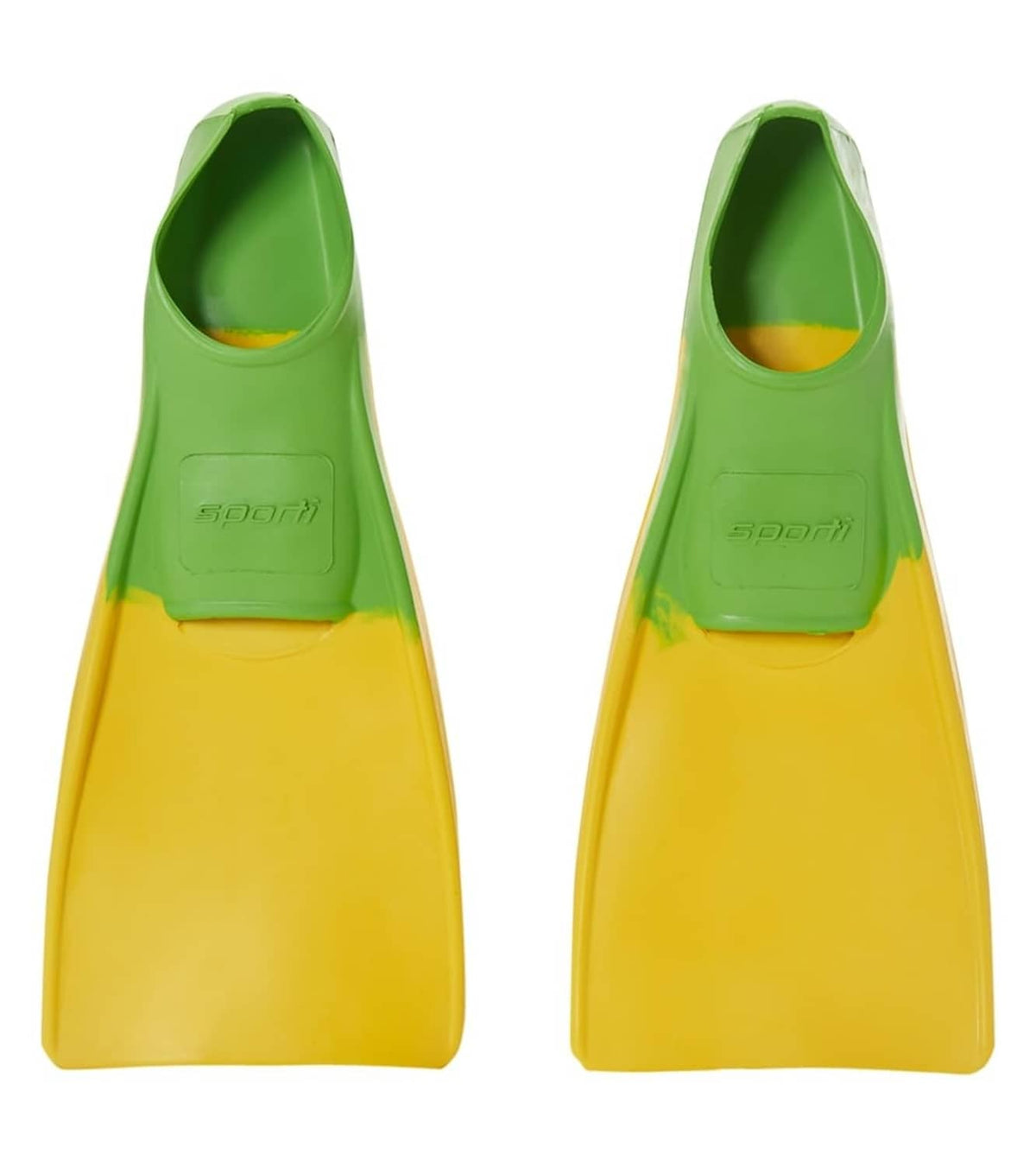Yellow and green floating swim fin pair with foot pocket