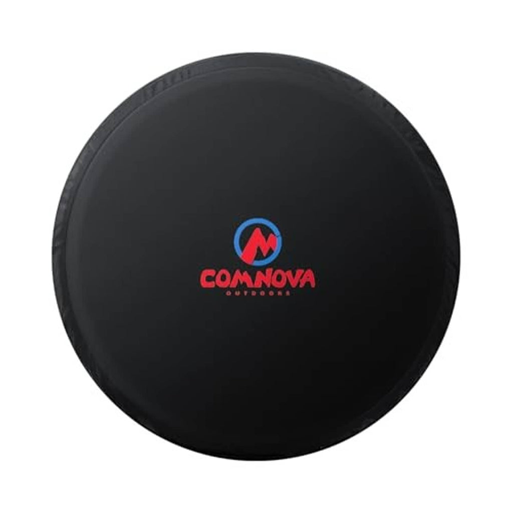 Black spare tire cover with centered COMNOVA logo and snug outer seam.