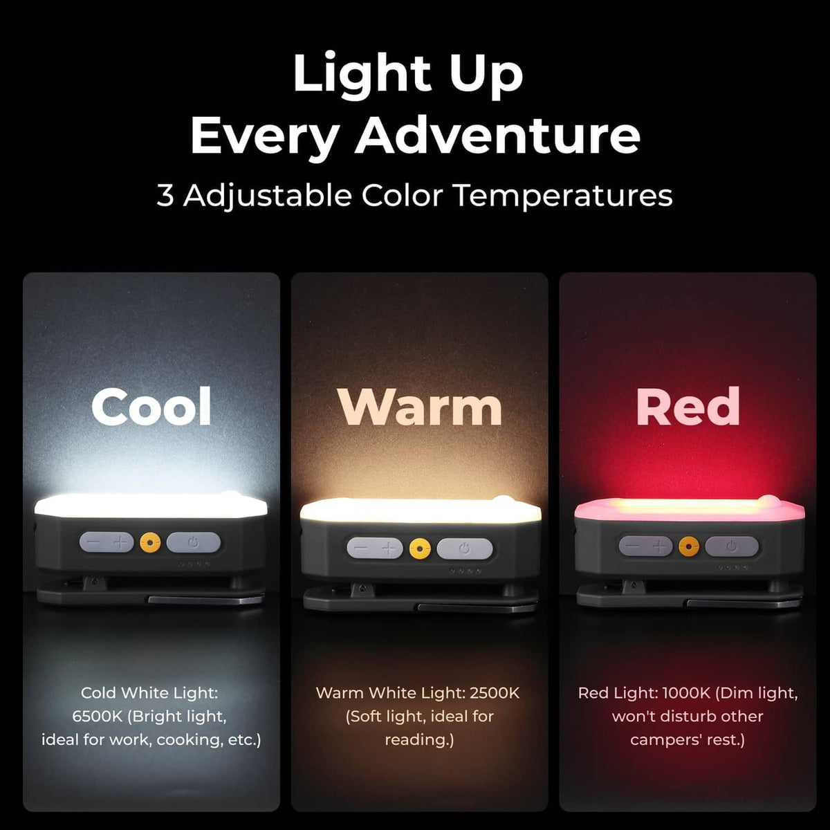 Black rechargeable area light showing three glow color modes