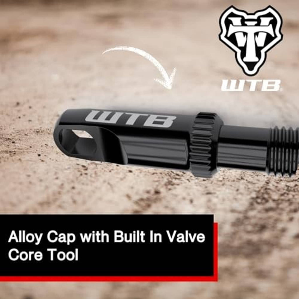 Black alloy Presta tubeless valve with integrated alloy cap tool and threaded stem