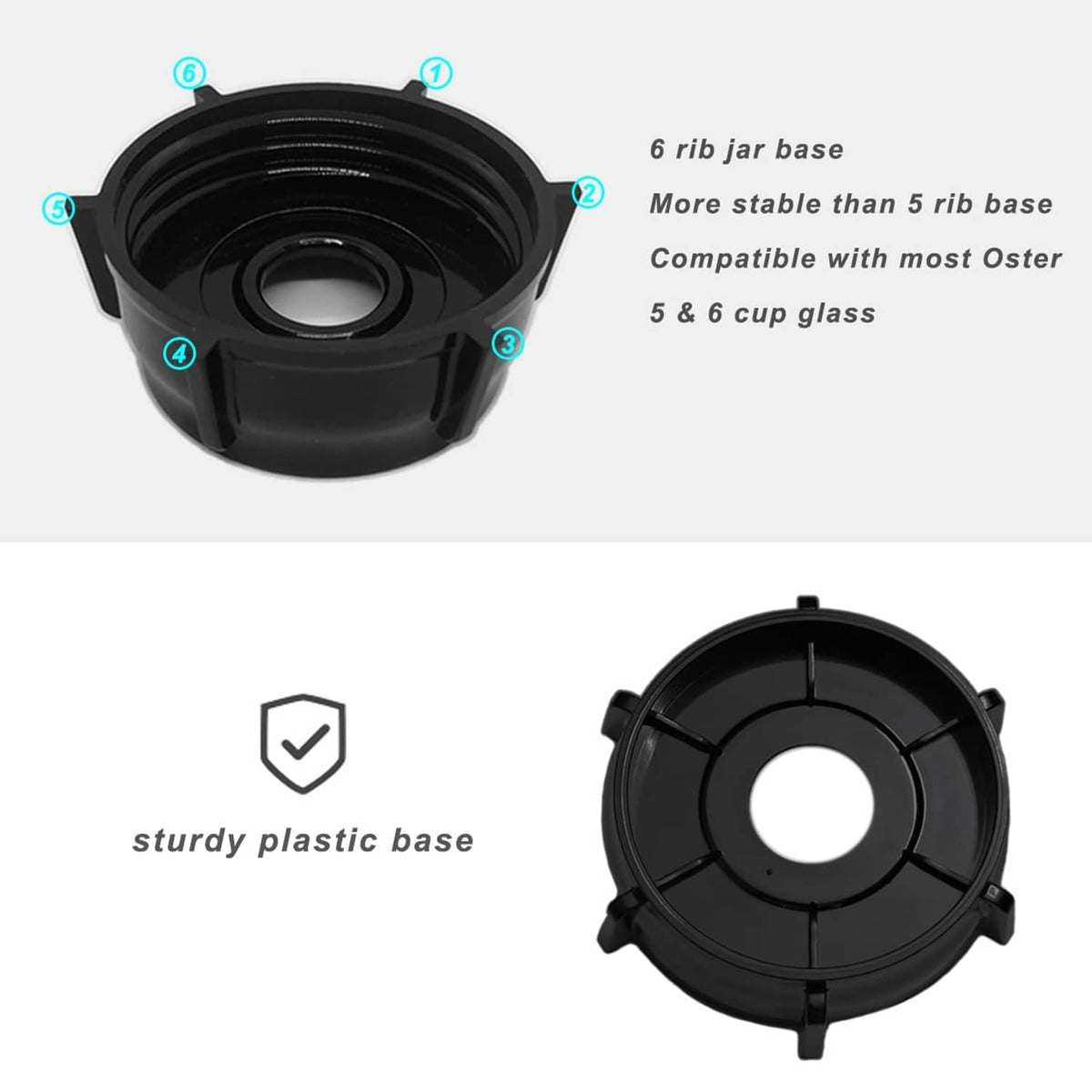 Black 6-rib blender jar base with sturdy plastic design and open ring center