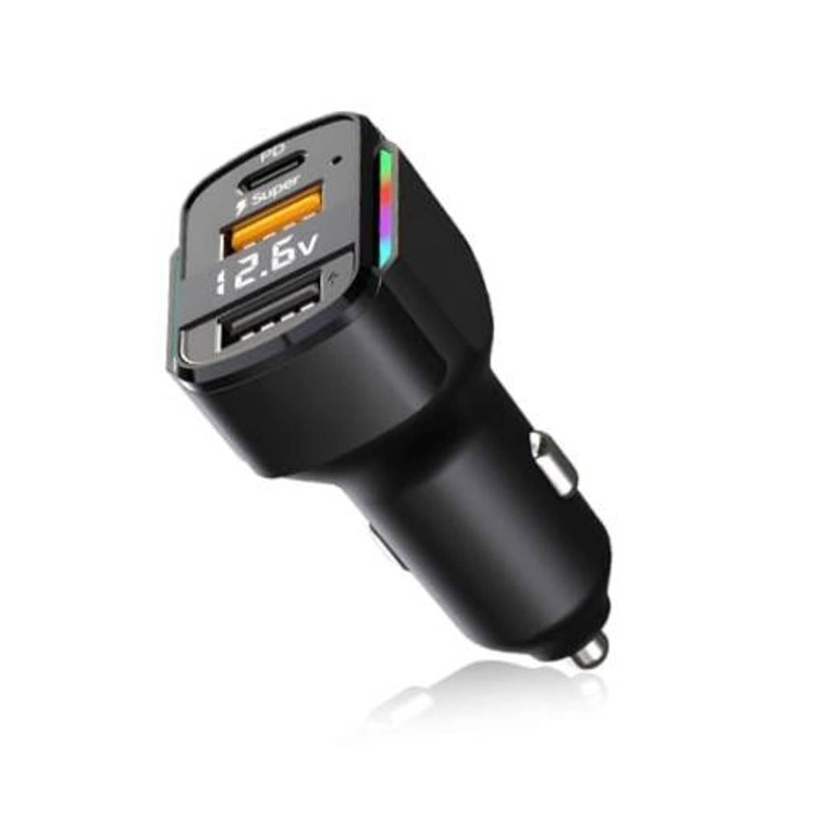 Black 3-port car USB charger with LED voltage display and dual USB ports