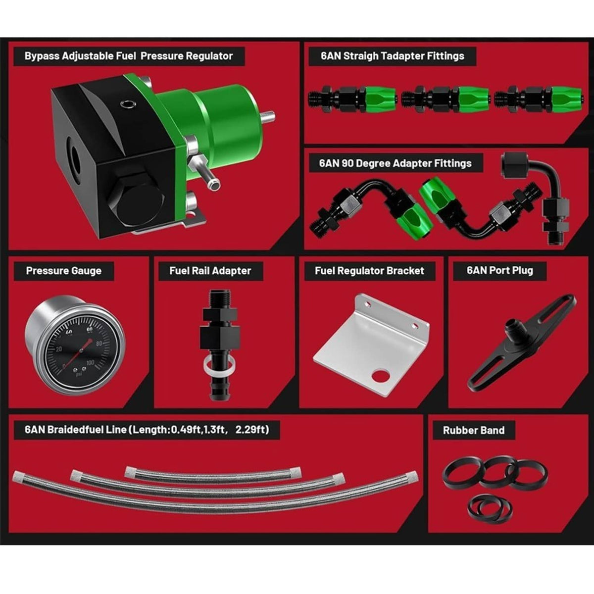 Fuel pressure regulator kit accessories: gauge, adapters, braided line, and rubber seals