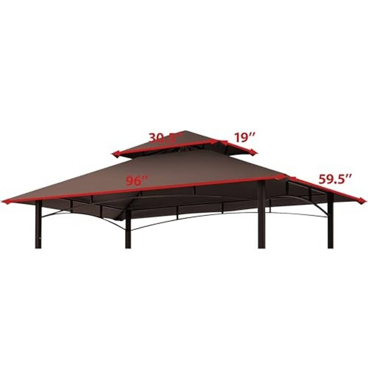Brown gazebo BBQ canopy top with side posts; 96 in by 59.5 in footprint