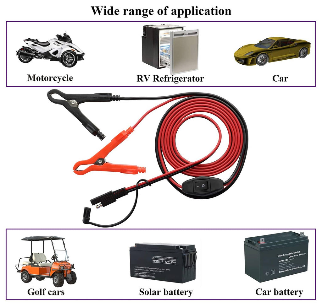 SAE battery extension cable kit with long coiled red wire and alligator clips