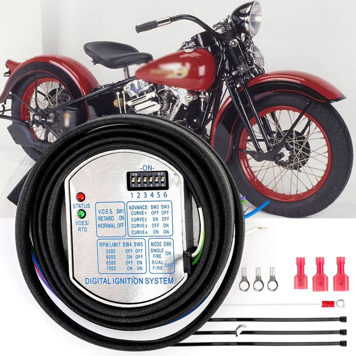 Digital ignition module kit with black coiled wiring harness and mounting hardware