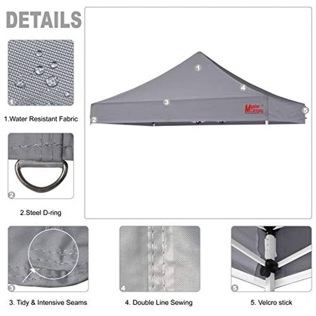 Gray canopy top details: water-resistant fabric, steel D-rings and double stitched seams