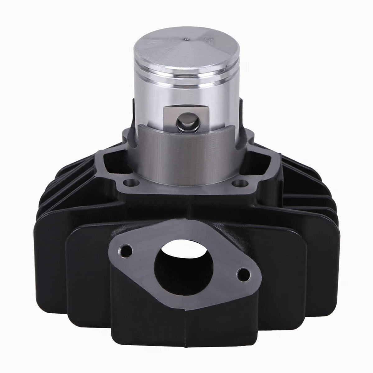 Motorcycle cylinder piston head kit close-up with silver piston and black cylinder housing