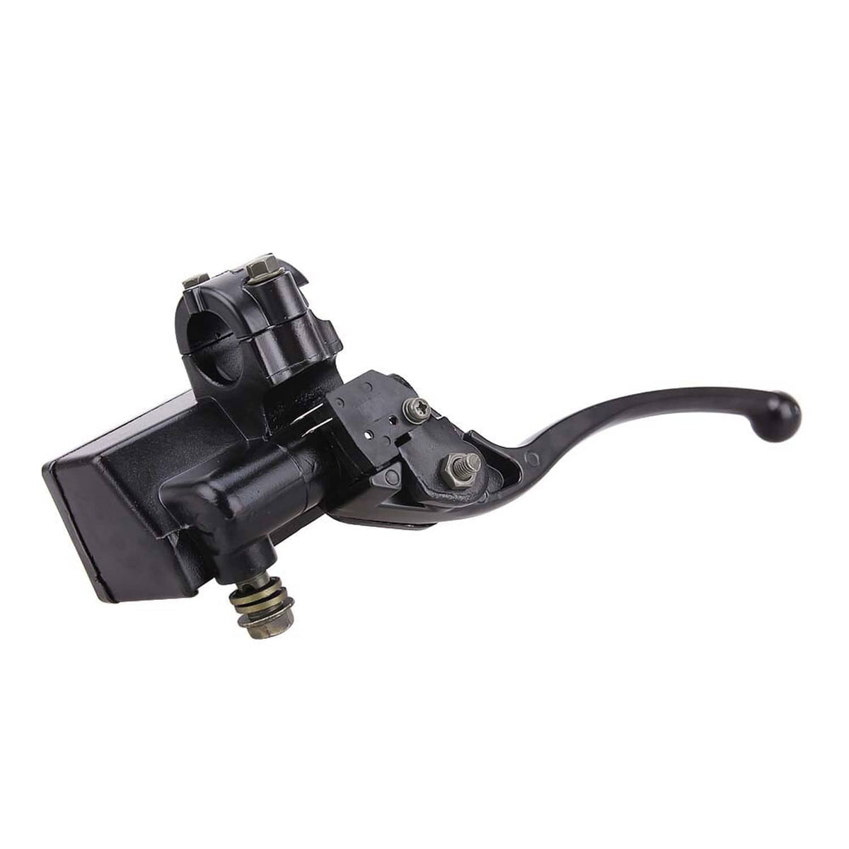 Black brake master cylinder with lever, reservoir block, and outlet fitting