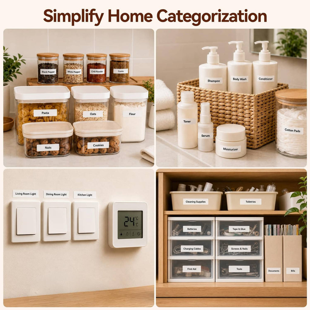 Home organization labels on pantry jars, storage containers, switches, and shelves