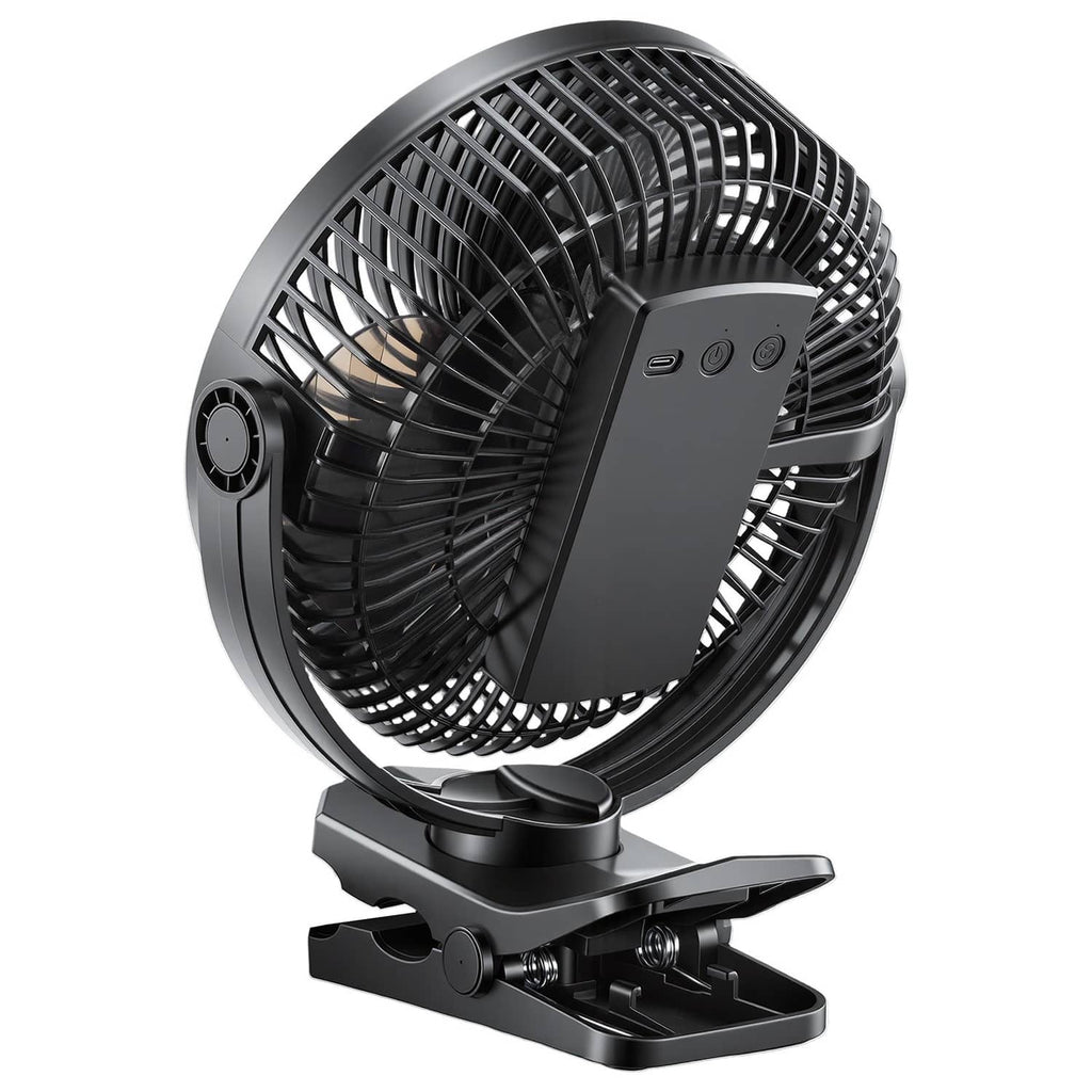Portable USB rechargeable fan with black grille, control buttons, and clamp base