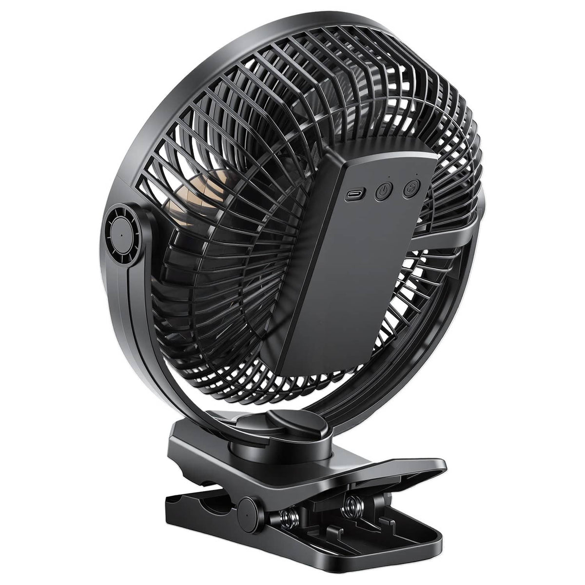 Portable USB rechargeable fan with black grille, control buttons, and clamp base