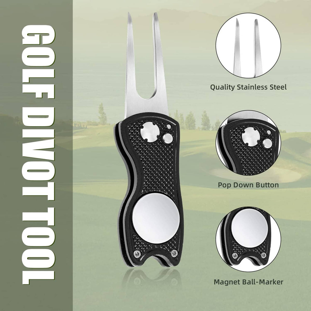 Black foldable divot repair tool with stainless prongs and pop-down button