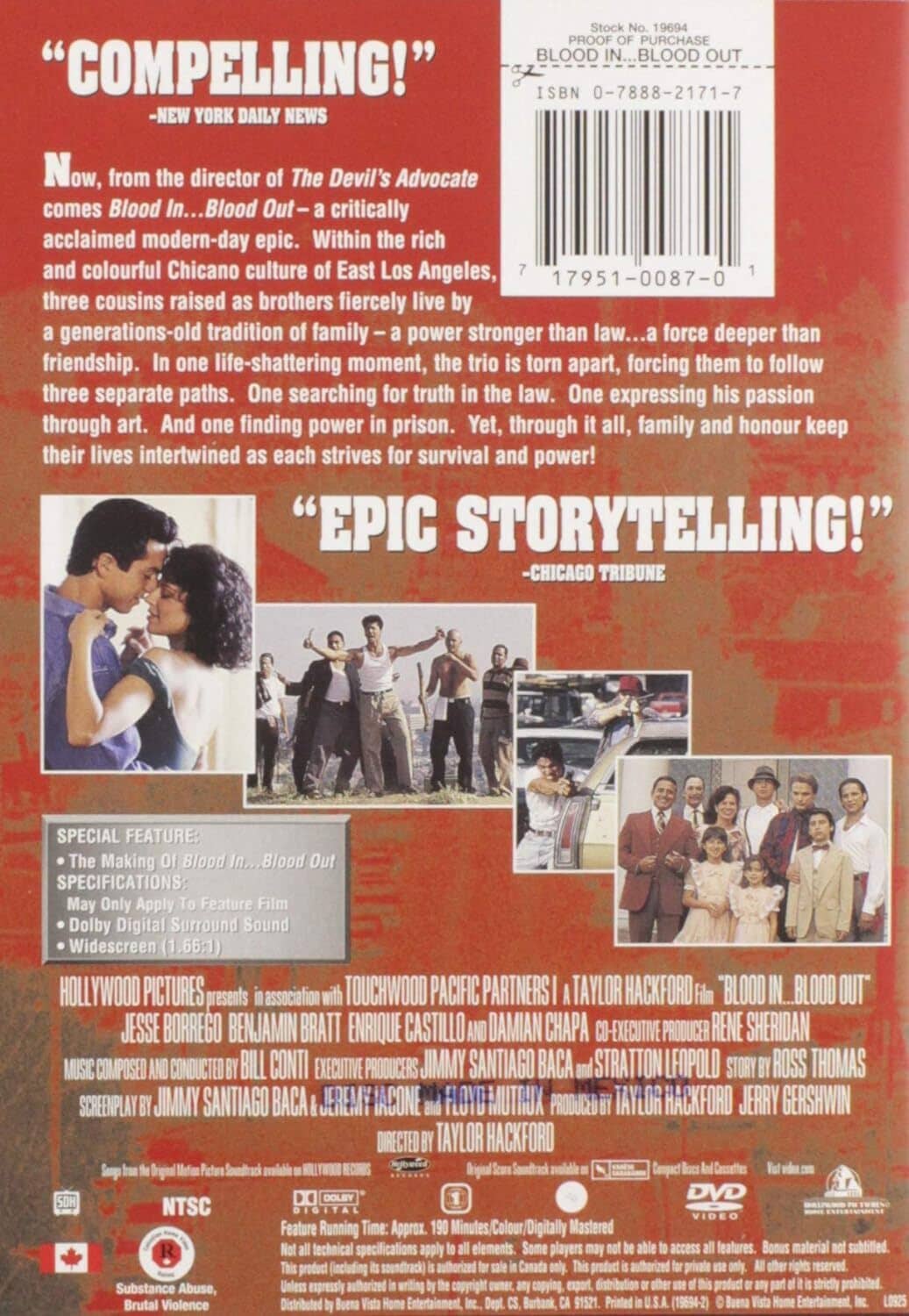 DVD back cover with synopsis text, special features list, and rating icons