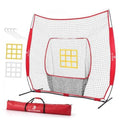 Portable red baseball practice net with white mesh and yellow strike zone target window.