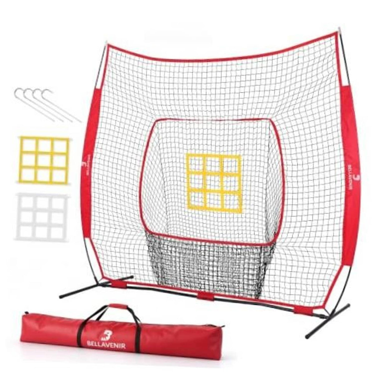 Portable red baseball practice net with white mesh and yellow strike zone target window.