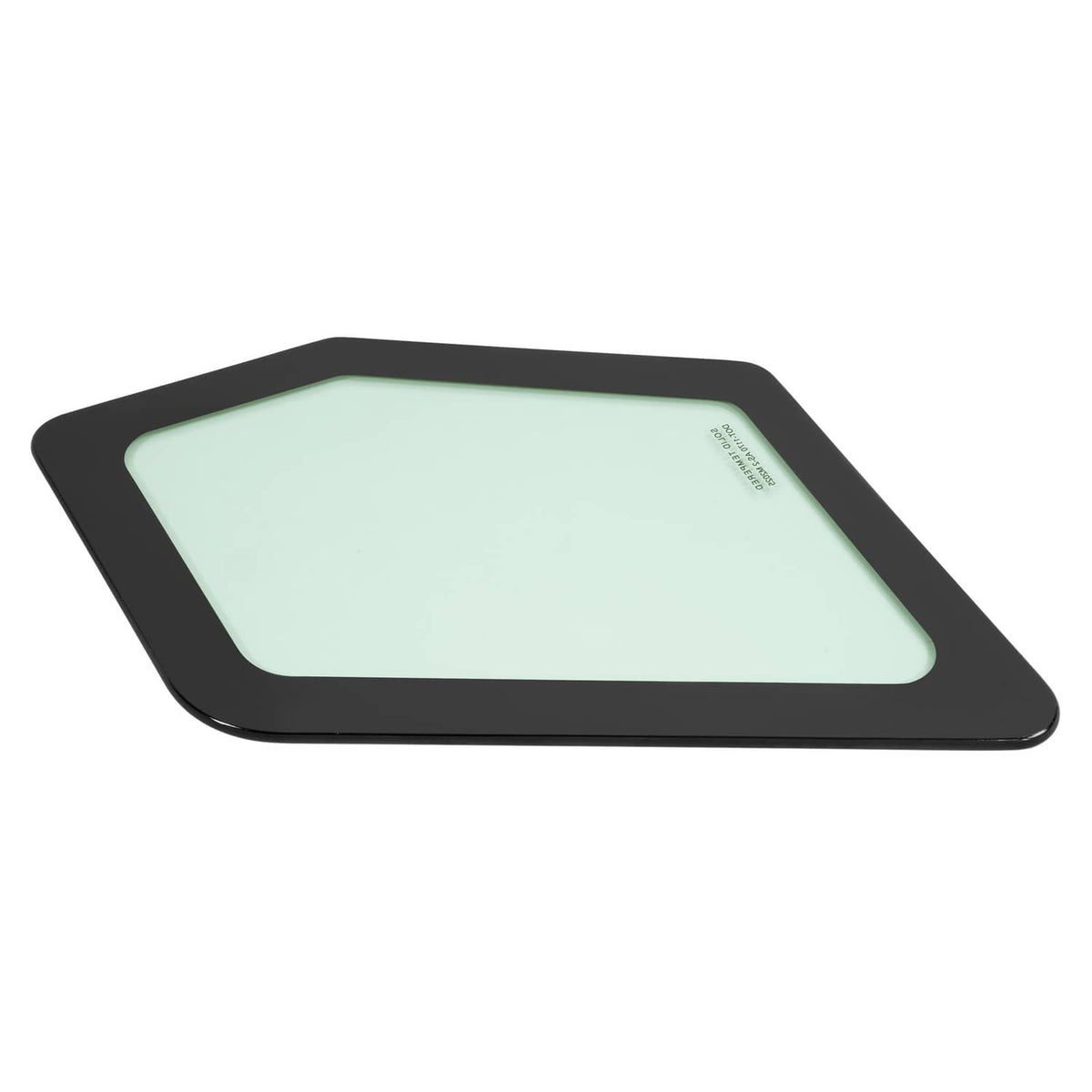 Flat cab door window glass panel with black frame border and light green tinted glass