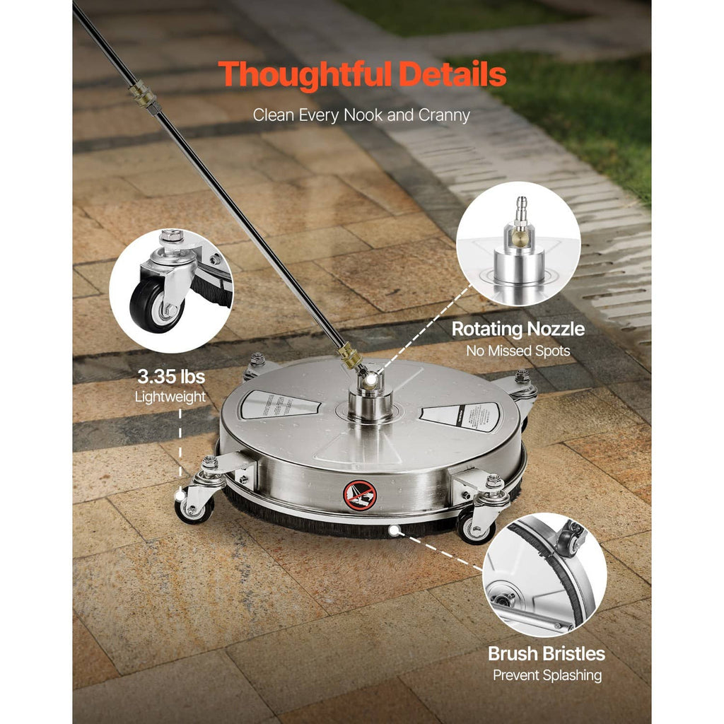Stainless pressure washer surface cleaner with rotating nozzle head and bristle skirt