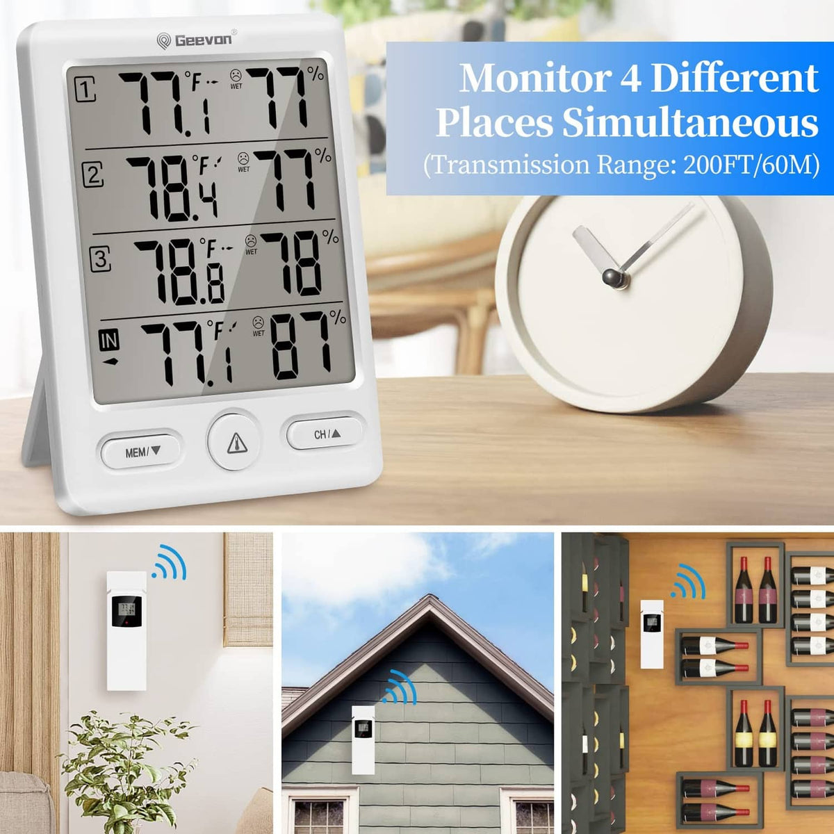 Wireless indoor outdoor thermometer with large LCD showing temperature and humidity channels