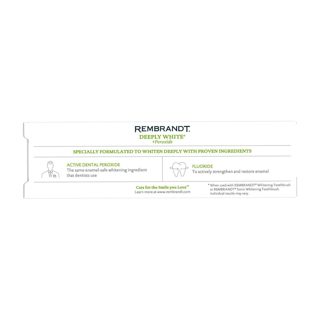 Rembrandt Deeply White peroxide whitening toothpaste box side panel with key benefits