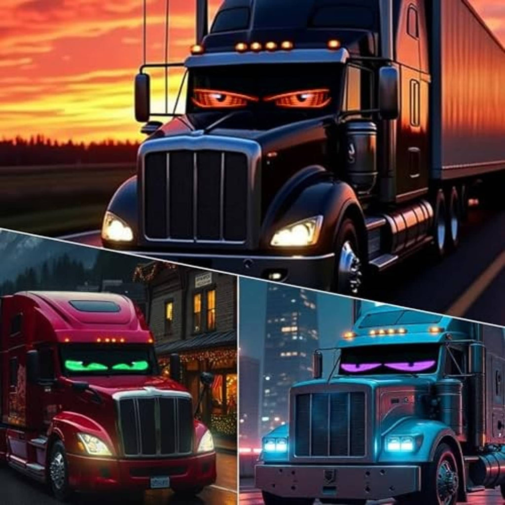 LED devil eyes light panels showing red, green, and purple eye patterns on trucks